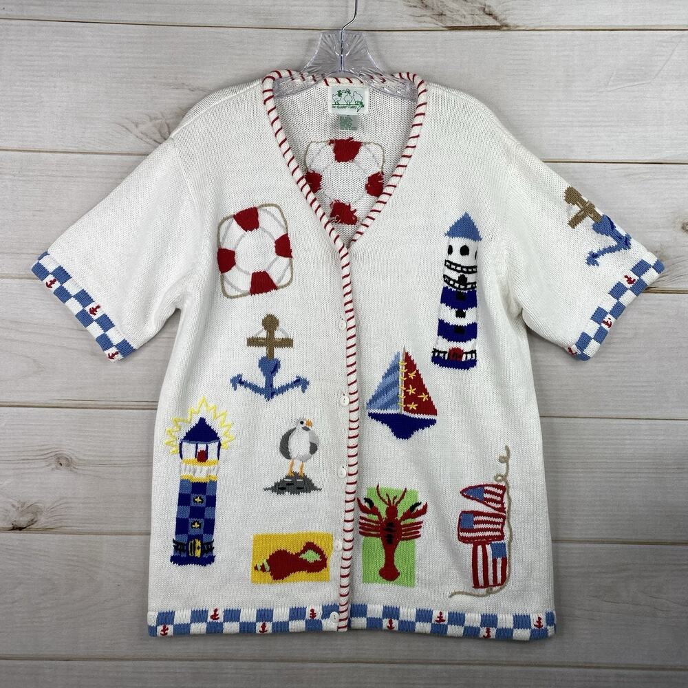 Vintage Quaker Factory Sweater Women M White Sailboats Nautical Beach 90s Y2K